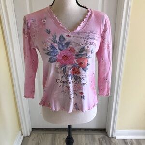 Cactus Women's Pink Floral V-Neck Top Size Small